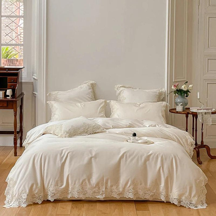 Chic Light Pink Lace Embroidered Royal Quilt Set - Luxurious Egyptian Cotton Duvet Cover with Matching Bed Sheet & Pillowcases in Korean Design