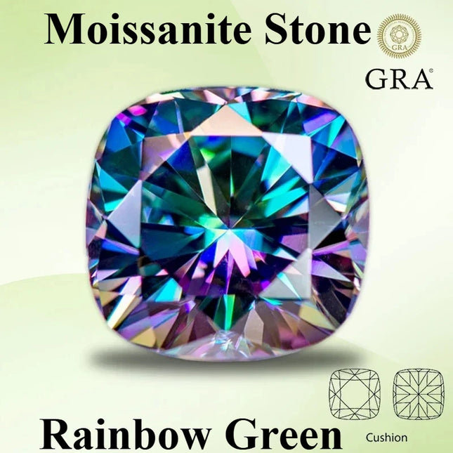 BAOPIN Moissanite Rainbow Green Cushion Cut Gemstone with Certificate