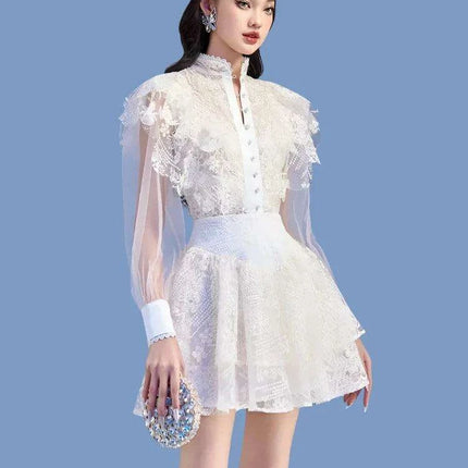 Elegant Pearl Flower Lace High Waist Mesh Dress with Stand Collar for Women