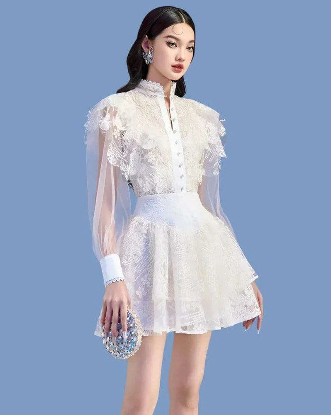 Elegant Pearl Flower Lace High Waist Mesh Dress with Stand Collar for Women