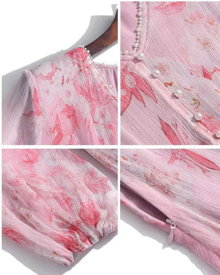 Chic V-Neck Puff Sleeve Mulberry Silk Dress with French Floral Print