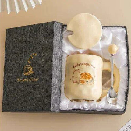 Whimsical Korean Cartoon Ceramic Mug Set with Lid and Spoon - Playful Drinkware Delight