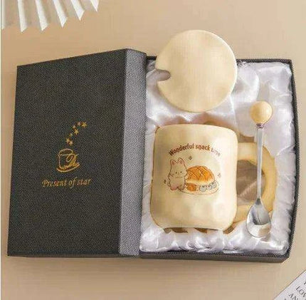 Whimsical Korean Cartoon Ceramic Mug Set with Lid and Spoon - Playful Drinkware Delight