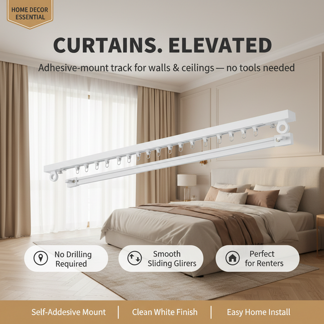 Self-Adhesive Curtain Track — No-Drill Ceiling & Wall Rail | Très Élite