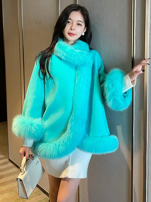 Korean Style Woolen Cape Coat with Fox Fur Collar & Cuffs for Women