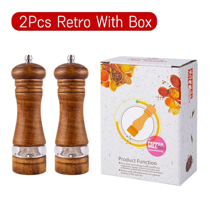 6-Inch Retro Solid Wood Salt and Pepper Mill Sets - Hand Operated Grinder for Fresh Seasonings