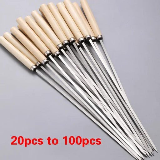 Stainless Steel BBQ Skewers with Ergonomic Wooden Handles for Perfect Grilling