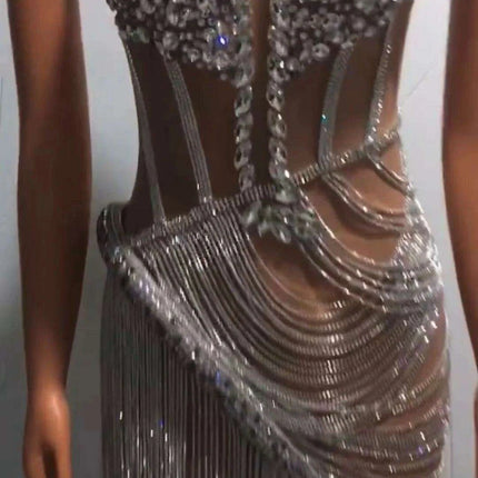 Glistening Sheer Mini Dress with Dazzling Rhinestone Fringes