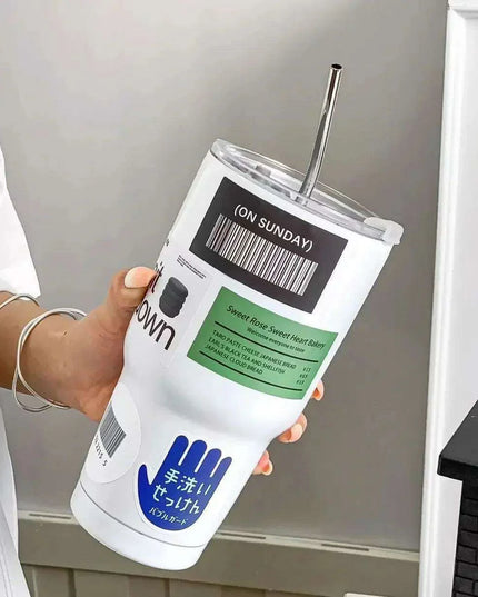 900ML Double-Wall Insulated Steel Travel Mug with Straw and Lid - Perfect for Adventurers and Daily Hydration