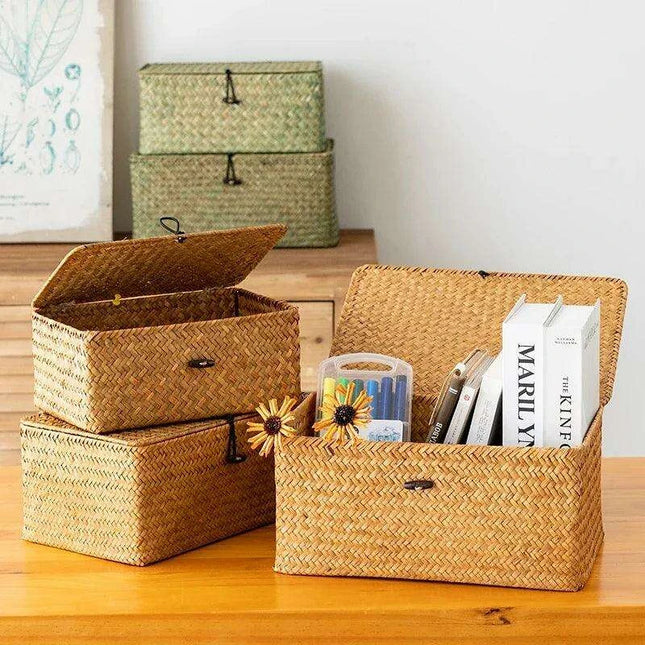 Natural Seagrass Organizer Basket with Lid - Stylish Storage Solution for Cosmetics, Sundries, and Laundry