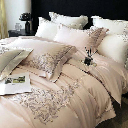 Luxury 1000TC Egyptian Cotton Bedding Set with Leaf Embroidery
