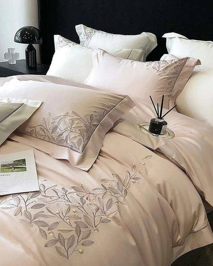 Luxury 1000TC Egyptian Cotton Bedding Set with Leaf Embroidery