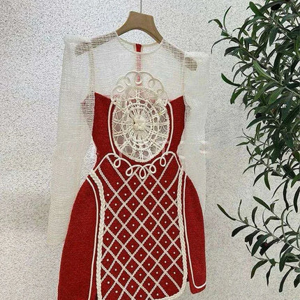 Evening Party Dress with Pearl and Lace Detail