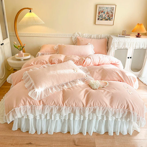 Princess Lace Ruffles 100% Cotton Bedding Set with Quilted Bedspread