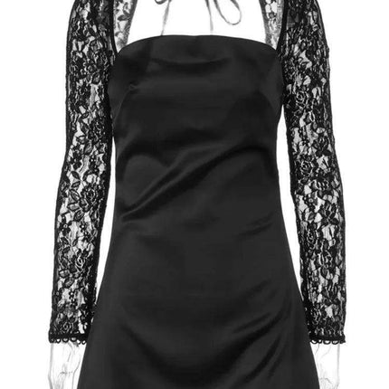 Lace-Backless A-Line Mini Dress with Long Sleeves