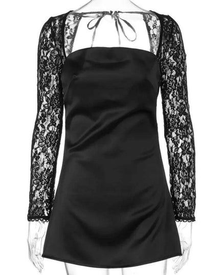Lace-Backless A-Line Mini Dress with Long Sleeves