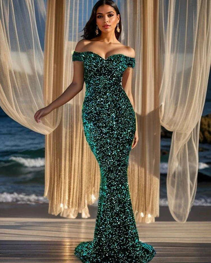 Glamorous Off-The-Shoulder Sequin Velvet Mermaid Evening Gown - Luxurious Long Dress for Women in Vibrant Red