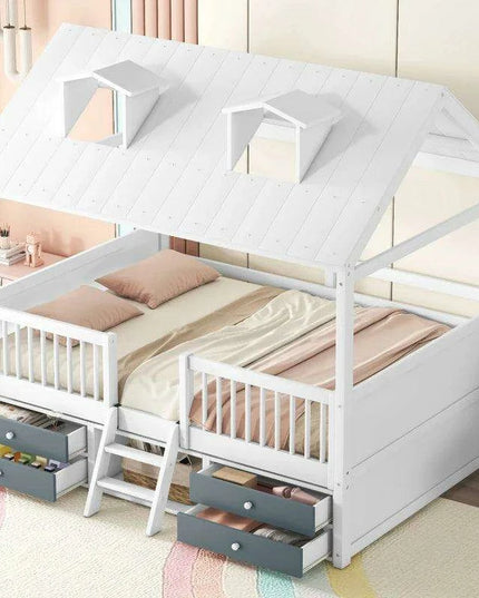 Enchanting Wooden Playhouse Bed with Skylights and Ample Storage