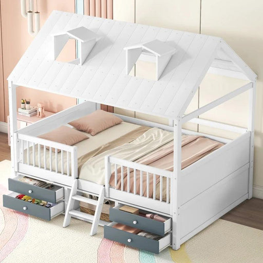 Enchanting Wooden Playhouse Bed with Skylights and Ample Storage