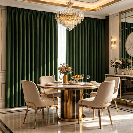 Olive green velvet curtains framing a dining room window