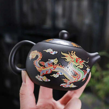 Mystical Heat-Responsive Purple Clay Teapot with Dragon and Phoenix Motif