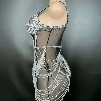 Sparkling Black Rhinestone Mini Dress with Playful Fringe