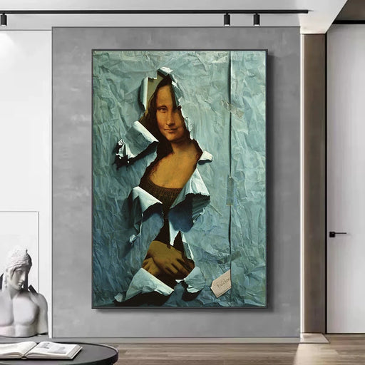 Blue Paper Spoof Mona Lisa Artwork: Modern Wall Decor Masterpiece