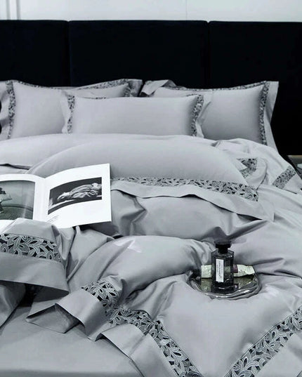 Exquisite 1200TC Egyptian Cotton Luxury Bedding Collection with Elegant Hollow Lace Trim, Duvet Cover, Flat & Fitted Sheets, and Pillowcases