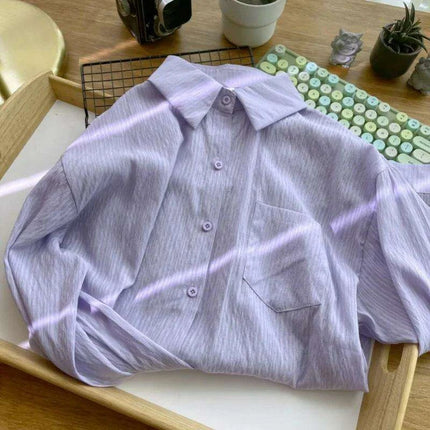 Loose-Fitting Women's Pleated Long-Sleeve Shirt with Pockets - Versatile Solid Color Sunscreen Top