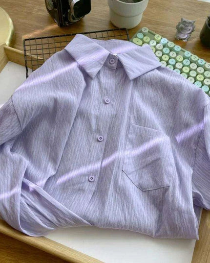 Loose-Fitting Women's Pleated Long-Sleeve Shirt with Pockets - Versatile Solid Color Sunscreen Top