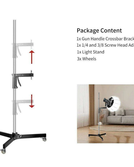Adjustable Height Gun Grip Light Stand with Wheels and Tripod - LED Softbox Support
