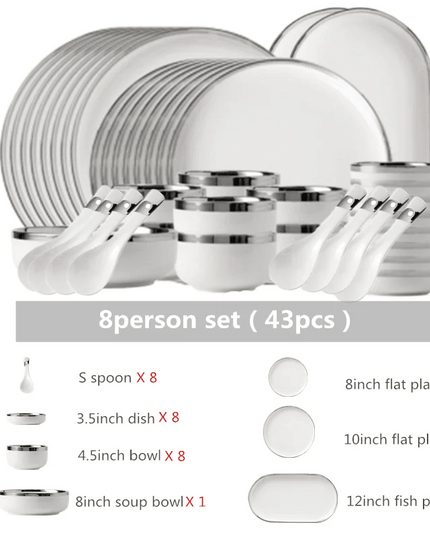 Sophisticated Elegance: White Ceramic Dinnerware Set with Silver Trim