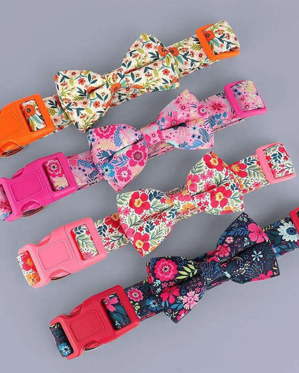 Floral Patterned Adjustable Dog Collar with Bowknot - Padded Nylon for All Breeds