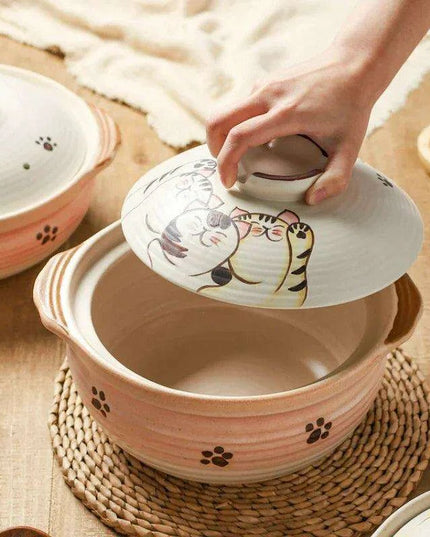 Elegant Japanese Cat-Themed Ceramic Stew Pot with Comfortable Double Ear Handles for Gourmet Cooking