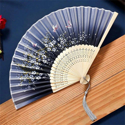 Charming Retro Silk Folding Fan - Exquisite Bamboo Craft for Dance and Home Elegance