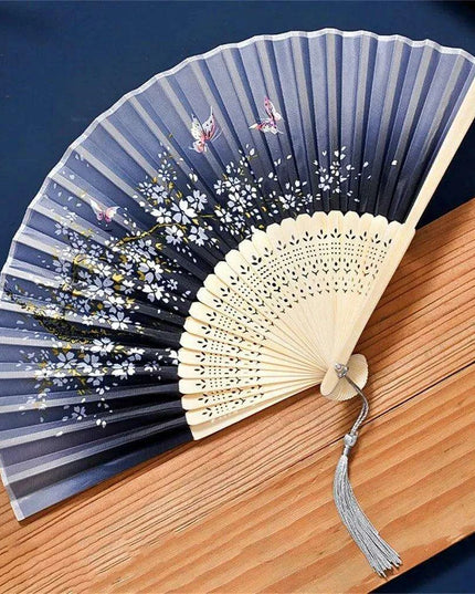 Charming Retro Silk Folding Fan - Exquisite Bamboo Craft for Dance and Home Elegance