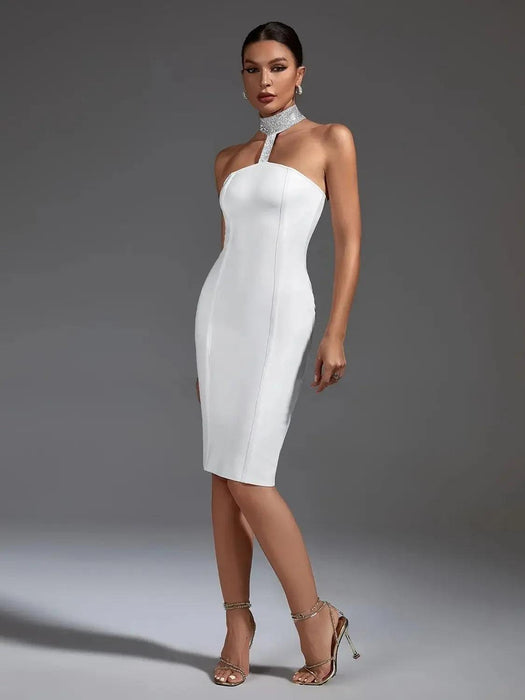 Sculpted Elegance: White Halter Neck Bodycon Dress for Unforgettable Evenings