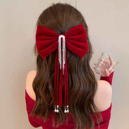 Velvet Bow Hair Clip with Rhinestone & Tassel | Korean Style