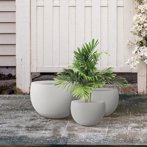 Contemporary Pure White Concrete Planter Trio Set - Large Round Bowl Plant Pots