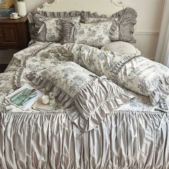 Elegant Vintage Floral Lace Ruffle Cotton Bedding Set with Duvet Cover, Bed Sheet, and Pillowcases