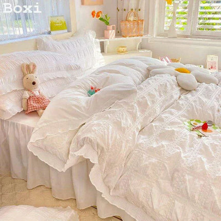 Elegant Ruffled Cotton Seersucker Bedding Set for Women - Solid Color Comforter Cover with Coordinating Bed Skirt, Available in King and Queen Sizes