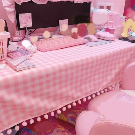 KECTTIO Kawaii Hot Pink Rectangular Cotton Tablecloth - Plaid Design,