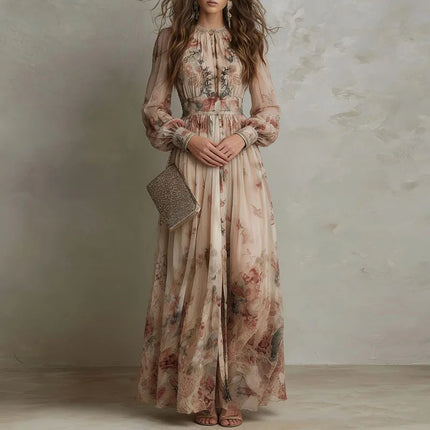 Vintage Floral Pleated Long Dress — High Waist, Long Sleeve, O-Neck