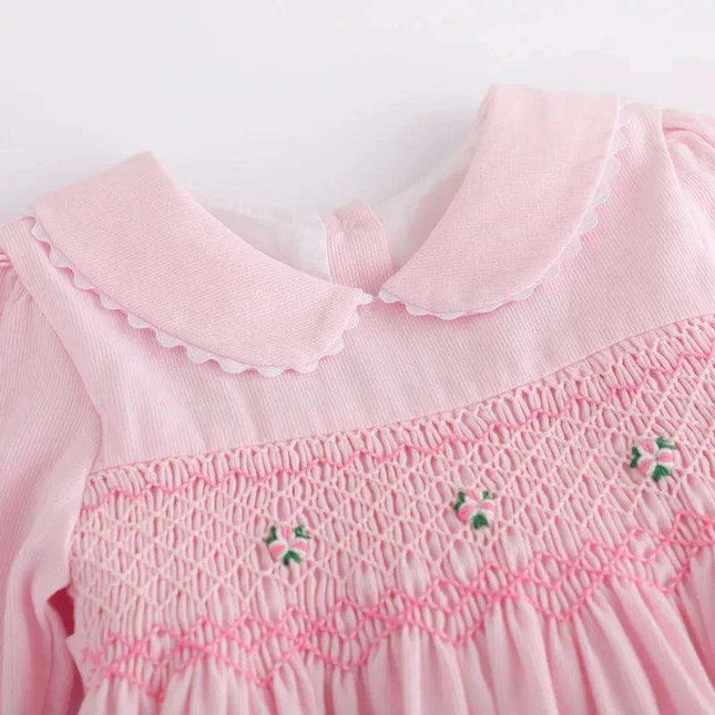 Girls' Enchanting Vintage Rose Long Sleeve Smocked Dress - Ideal for Fall Gatherings and New Year Celebrations 2024