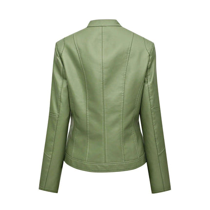 Retro Chic Women's Faux Leather Biker Jacket - Stylish Zip-Up Coat with Elegant Lapel