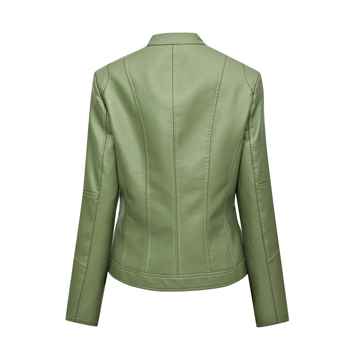 Chic Women's Vintage Moto Jacket - Sleek Faux Leather Zip Coat with Lapel