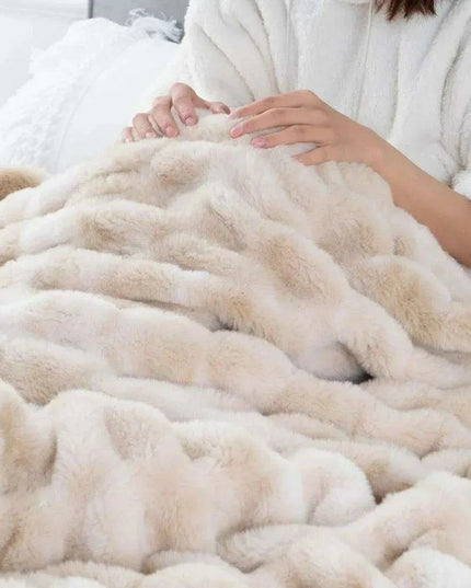 Cozy Beige Ruched Faux Fur Throw - Luxurious Reversible Mink Fleece