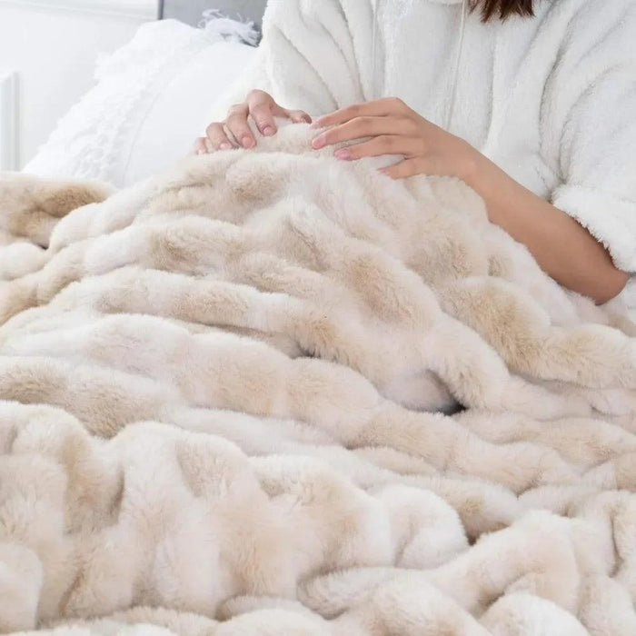 Soft Beige Faux Fur Throw Blanket with Ruched Design - Reversible Mink Fleece