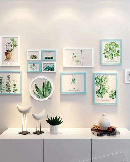 Nordic-Inspired Wall Art Set with Green Plants, Clocks, and Decorative Shelf for Elegant Home Decor