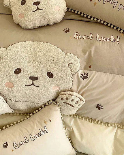 Whimsical Cartoon Bear Embroidered Kids' Cotton Bedding Set - 100% Cotton Duvet Cover, Sheet, and Pillowcases